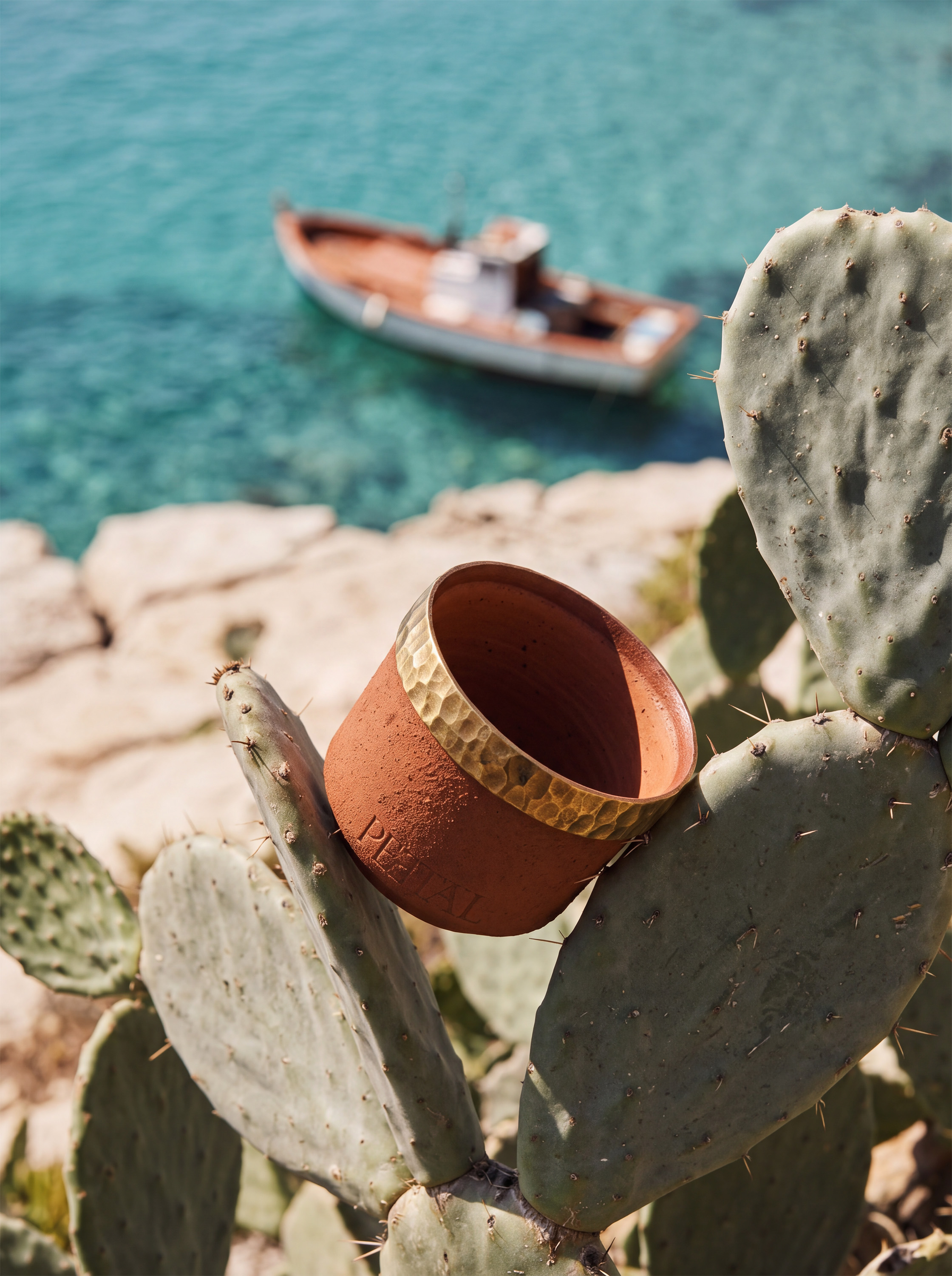 Sicilian coast — cactus, wooden boat, turquoise water