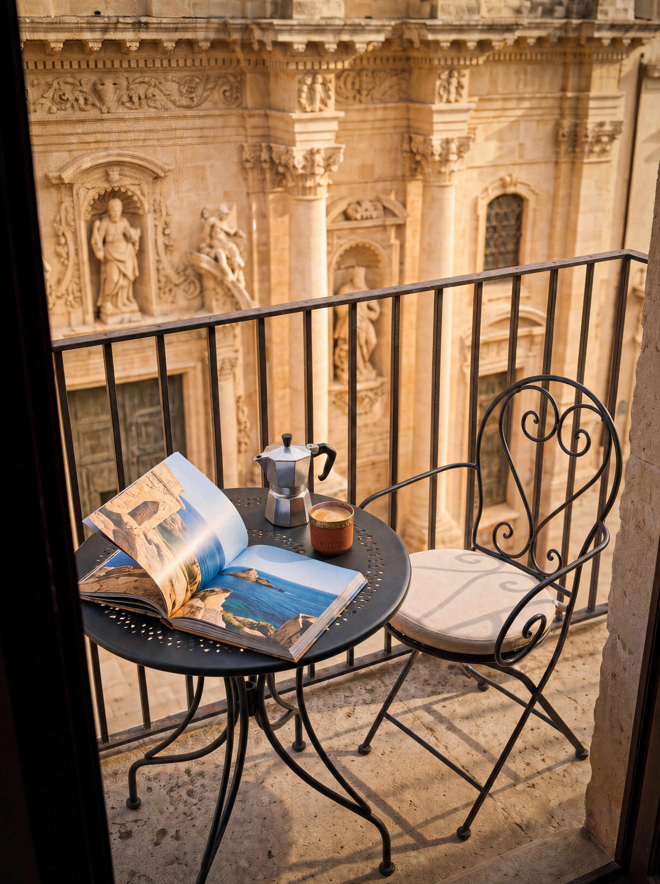 Balcony with baroque cathedral, iron bistro table, moka pot and PEETAL in golden light