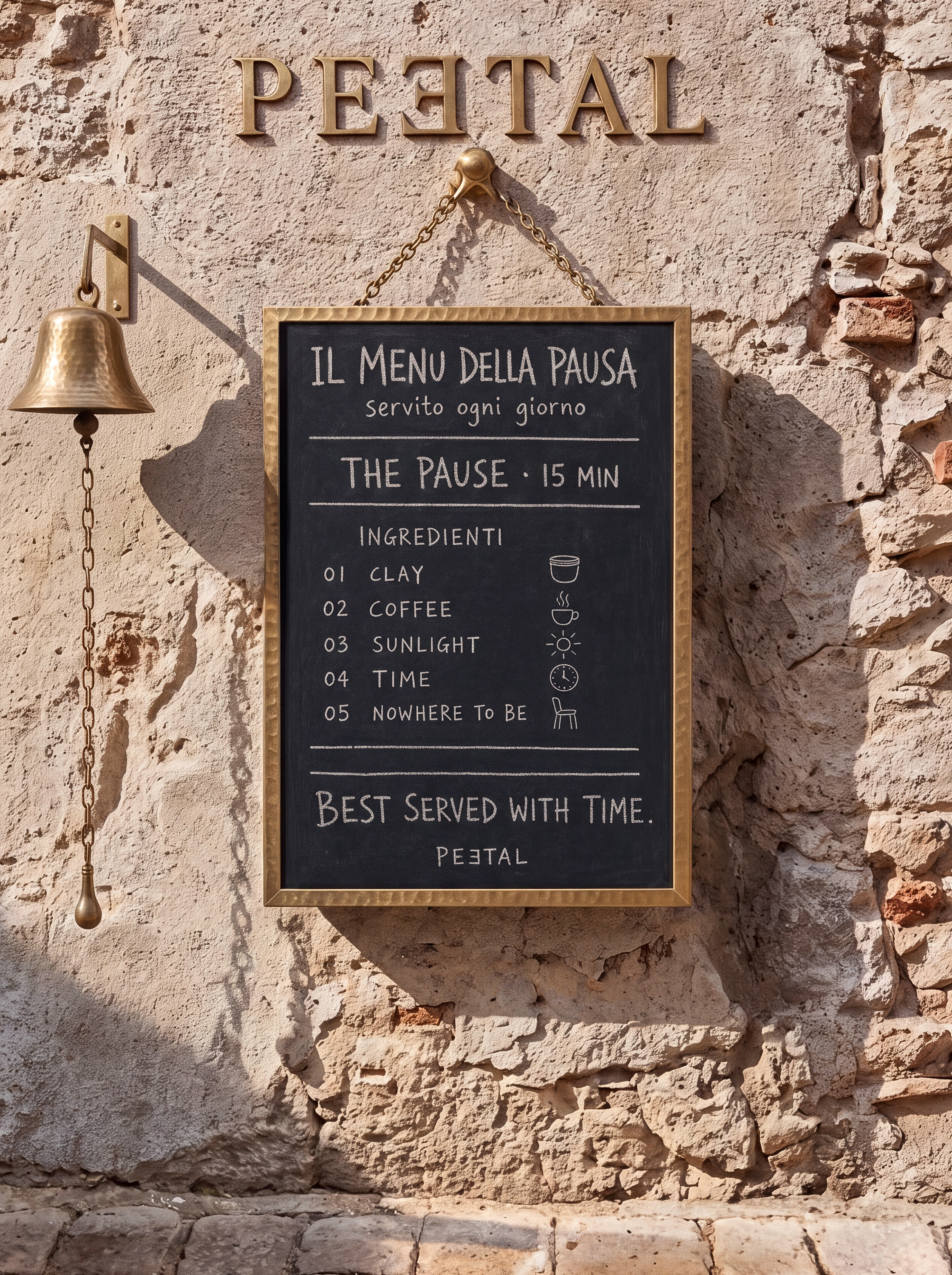 Full-wall chalkboard: IL MENU DELLA PAUSA — PEETAL sign above, hammered brass bell