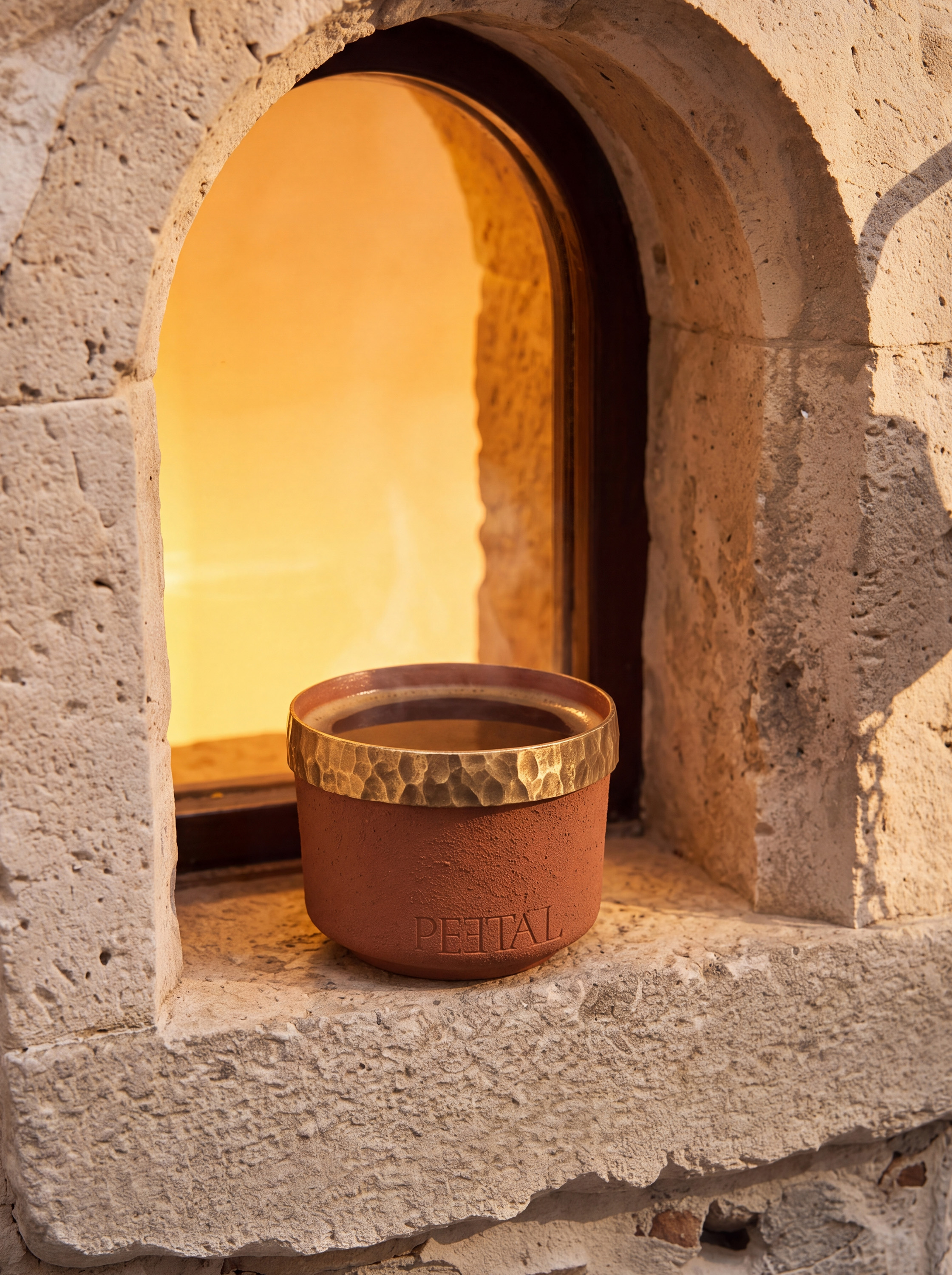 Close arch — cup in warm amber glow, PEETAL embossed on clay body