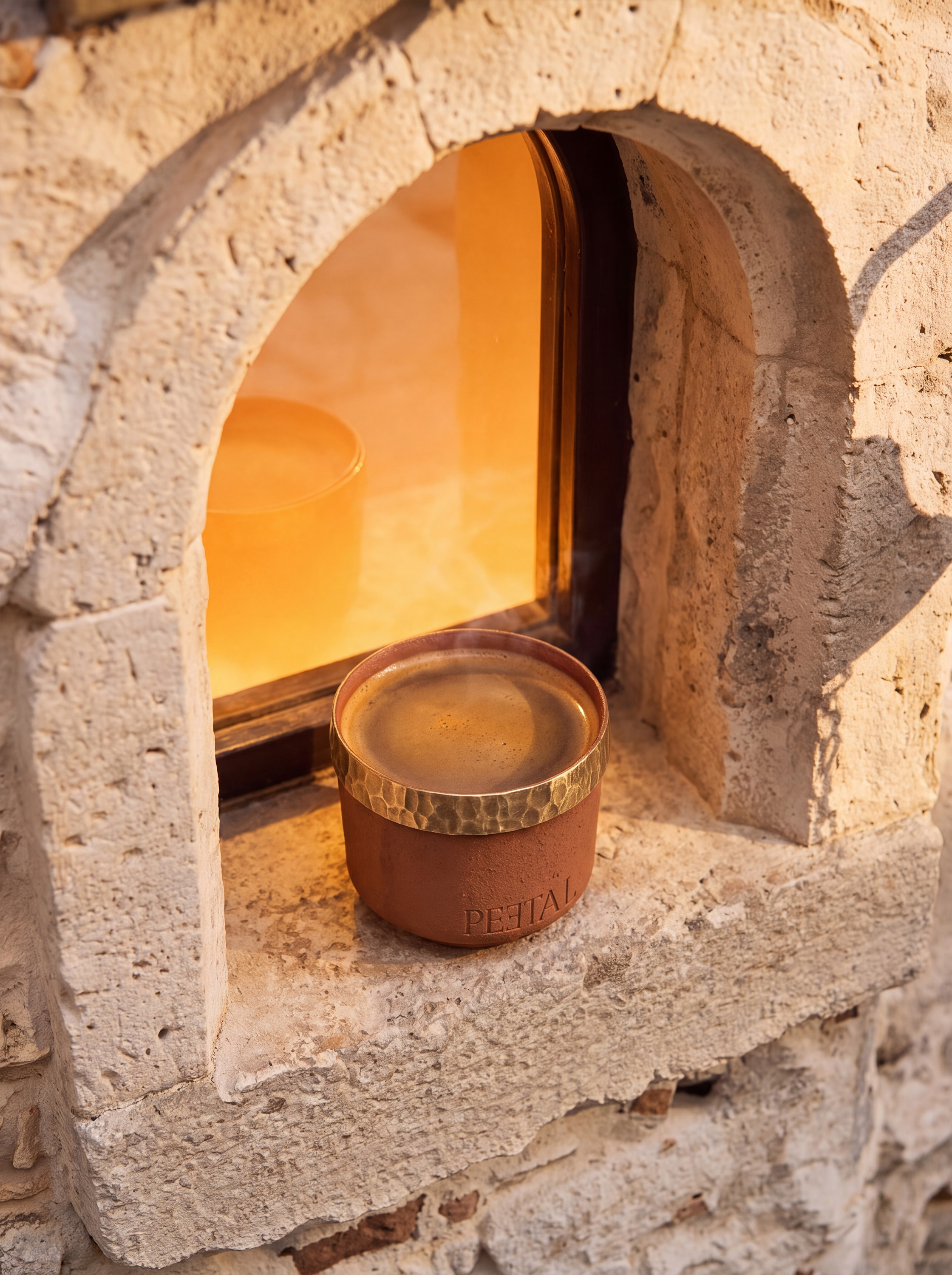 PEETAL in intimate stone arch niche — amber glow, rough warm stone, crema visible
