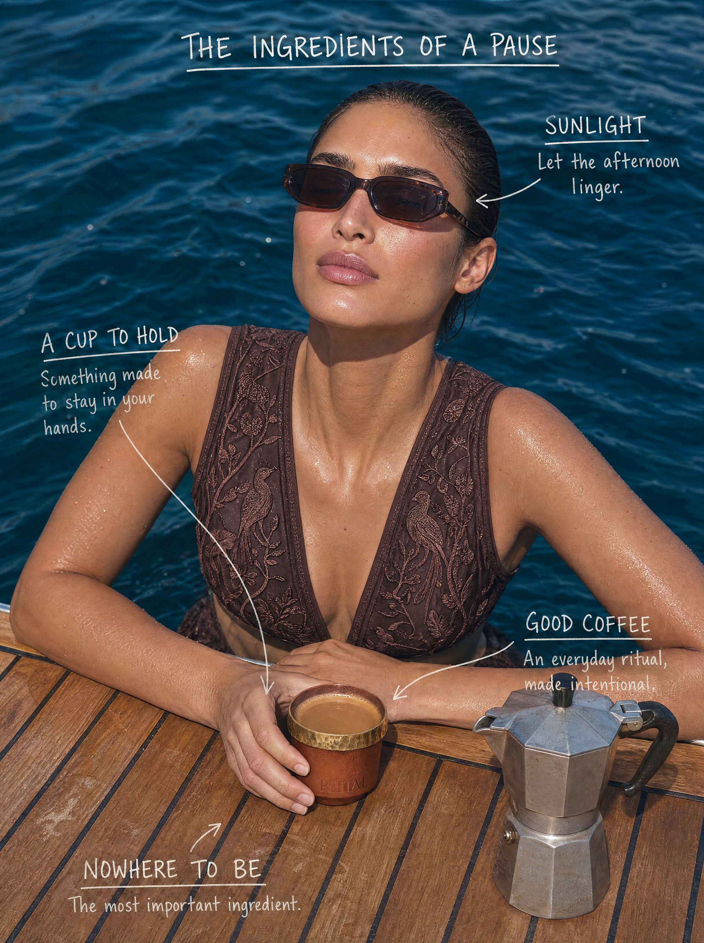 Annotated boat shot — The Ingredients of a Pause, with callouts: Sunlight, A Cup to Hold, Good Coffee, Nowhere to Be