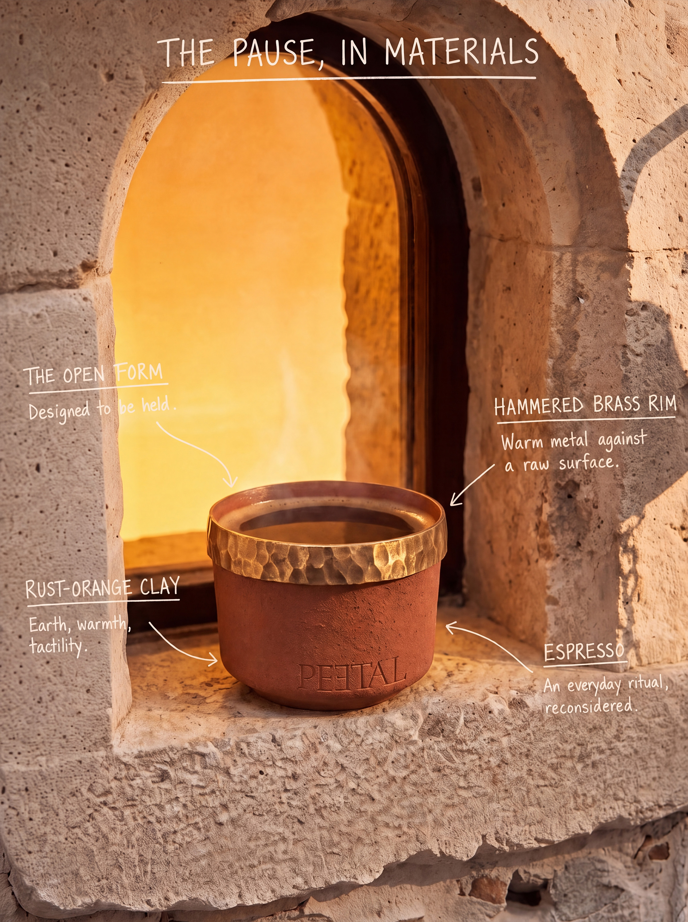 Annotated arch shot — The Pause, in Materials, with material callouts