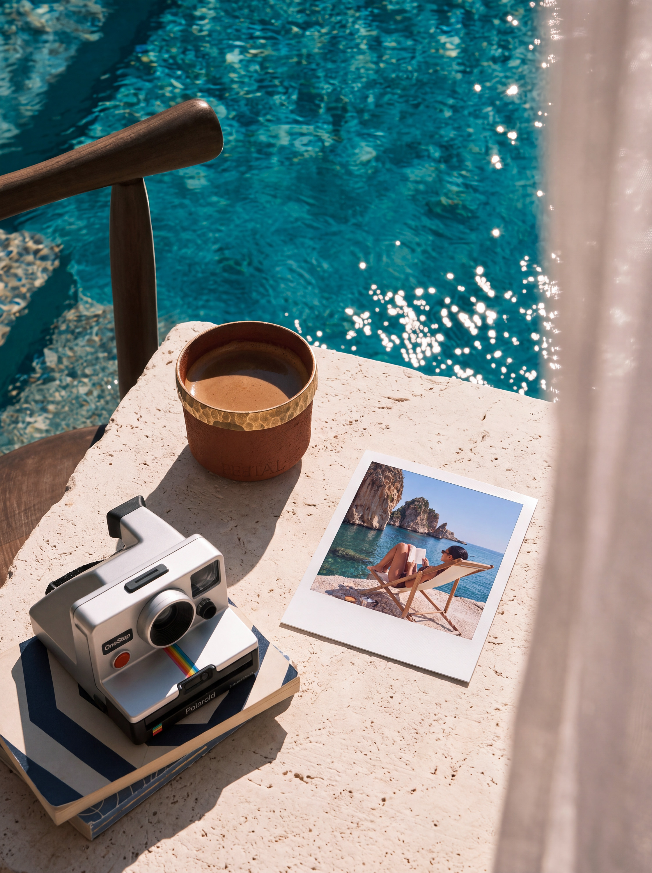 Stone table — Polaroid camera, PEETAL, open book of Sicily photos, turquoise water